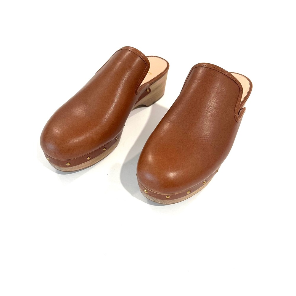 J.Crew‎ Boho Leather Clogs Tan Brown Gold Studded Mule Block Heel AQ675 Size 6.5